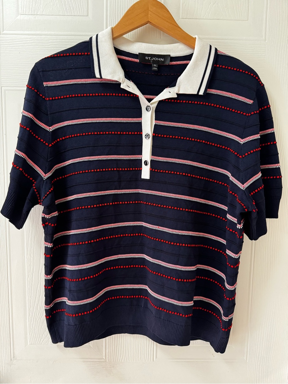St. John Navy Polo with White Collar and Red Stripe Detail